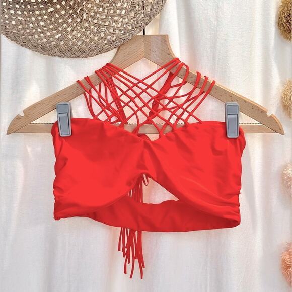 Mikoh Swimwear Halter Strappy Bikini Top Red Fringe Large Two Piece Vacation - Picture 2 of 4